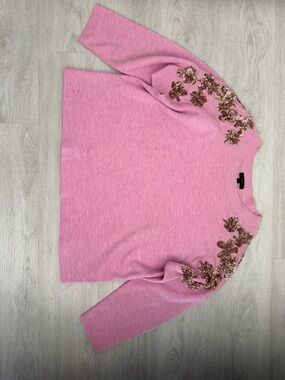J. Crew Pink Crewneck Sweater with Rose Gold Sequin Floral Accents